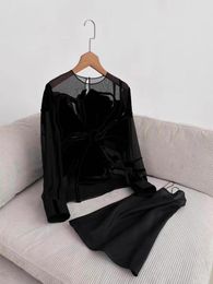 Women's Blouses Top End Women Silk Velvet Long Sleeve O-neck Black Elegant Lady Office Work Basic Shirts Female Slim Clothing