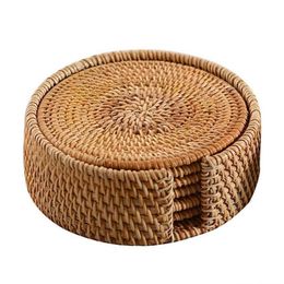 Mats & Pads 6pcs Handmade Woven Rattan Cup Coasters With Basket Non-slip Placemat Tea Trays Coffee Mugs Table Mat Insulation Table260o
