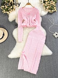 Urban Sexy Dresses Pink Bow Knitted Suits Long Sleeve Loose Pullover High Waist Bodycon Skirt Korean Style Female Autumn Skinny Solid Sets 230915