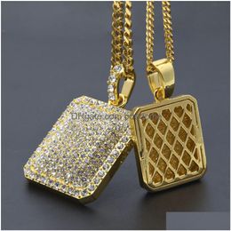 Pendant Necklaces Hip Hop Mens Rhinestone Square Necklace Gold Filled Blingbling Military License Charm Cuban Chain For Man Hip-Hop Je Dhaex