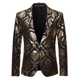 Men's Suits & Blazers Mens Gold Floral Foil Print Suit Blazer Jacket Men Slim Fit One Button Nightclub Tuxedo Party Stage Sin3574