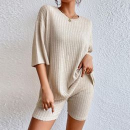 Two Piece Dress Tees Women'S T-Shirt Vacation Short Sets Fashion Ribbed Solid And Summer Shorts Suit Casual Lounge Knitting Two Tops Set Piece 230914