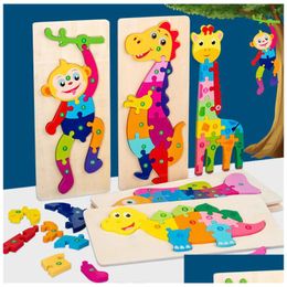 Child Learning Education Toys 20 Styles 3D Wooden Animals Dinosaur Jigsaw Puzzle Colorf Number Learn For Kids Boy And Girl 30X12Cm Big Dhxln