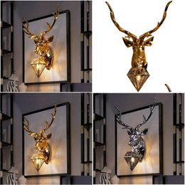 Wall Lamps American Retro Gold Deer Antlers Light Fixtures Living Room Bedroom Bedside Lamp Led Sconce Home Decor Luminaire Drop Deliv Dhhrb