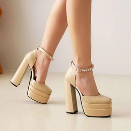 Sandals 2023 Summer Patent Leather Nude Red Color Platform Pumps Women Mary Janes Shoes Ankle Crystal Strap Block High Heels