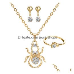 Other Jewelry Sets Fashion Women 3Pcs Necklace Earrings Ring Diamond-Encrusted Spider Pendant Necklaces For Bridesmaid Drop Delivery Dhnyw