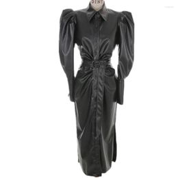 Casual Dresses 2023 Spring Vintage Black Pu Dress Lapel Single-breasted Belt Split Puff Sleeve Leather Motorcycle