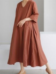 Casual Dresses Summer For Women 2023 V-neck LOOSE A-LINE Long Streetwear Solid Vintage Robe Oversized Women's Clothing