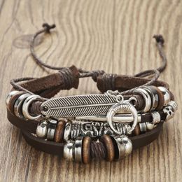 Charm Bracelets Vintage Multi-layer Feather Moon Leather Braid Bangles For Men Handmade Geometric Star Rope Wrap Bracelet Jewellery Gift