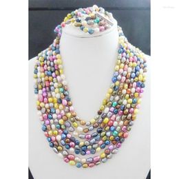 Necklace Earrings Set 5-6MM 8 Layer Colourful Freshwater Pearl / Bracelet