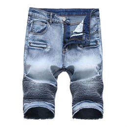 Summer New Biker Moto Mens Denim Shorts Fashion Pleated Zipper Slim Fit Men Jeans Shorts Big size327p