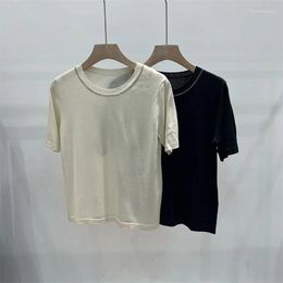 Women's T Shirts 2023 Summer Classic Crew Neck Neckline Beaded Silk Short-sleeved Knitted T-shirt Breathable Shirt