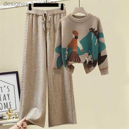 Women's Sweaters Women's Knitted suit winter cartoon pictures Sweater pullover wide leg pants two piece pants sets woman 2 pieces knitwear 211116 L230915