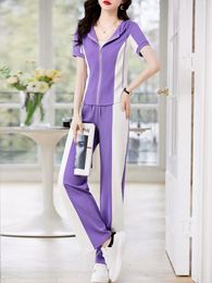 Women's Two Piece Pants A GIRLS Summer Outfit Purple Hooded Casual Short Sleeved Pantsuits Women 2023 Oversized Zipper Top Wide Leg Trousers