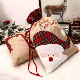Linen Santa Sack Christmas Gift Bag Red Plaid Drawstring Tote Bags Festival Decoration 915