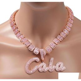 Custom Name Brush Script Initial Letter Pendant Necklace Iced Out White Pink Cz Diamonds 18Inch Baguette Tennis Chain Hiphop Jewelry Drop De