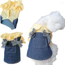 Dog Apparel Bow Denim Dress For Girls Pet Clothes Spring&Summer Cowboy Dresses Puppy Costumes Bubble Sleeve Cat Shirt Skirt Yorks XS