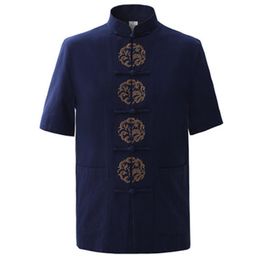 Whole- Summer Navy Blue Men's Cotton Embroidery Dragon Shirt tops Vintage Chinese Short Sleeve Shirt Tang Suit Size M - X3159