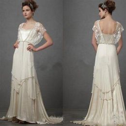 Vintage 1920s Catherine Deane Lita Wedding Dresses with Sleeves Fairy Lace Chiffon V-neck Full Length Bridal Wedding Gowns Custom 257l