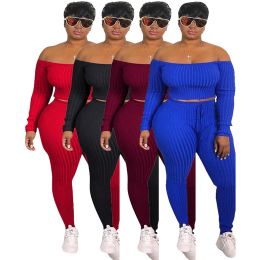 Plus size women's two-piece long pants off the shoulder long sleeved short top and long pants tight jumpsuit tight jumpsuit augment spencer