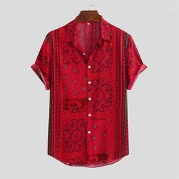 Feitong Men's Stripe Shirt Summer 2020 Buttons Down Short Sleeve Loose Hawaiian Shirt Casual Printed Red Blusas1248G