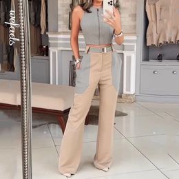 Women s Tracksuits Wefad Two Piece Set Fashion Office Round Neck Sleeveless Backless Colour Block Top Loose With Pockets Pants Streetwear 230915