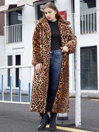 Women's Fur Faux Fur X-Long Leopard Print Fur Coat For Women 2023 Winter Thicken Warm Women's Faux Fur Coat Lapel Trench Coats Elegant Overcoat T230915