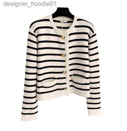 Women's Sweaters C Lin same black and white stripe contrast color knitted cardigan women's round neck single breasted sweater coat L230915