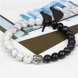 Strand Natural Tiger Eye Howlite Stone Beads Bracelet 8mm Silver Colour Buddha Head Charm Bracelets Energy Healing For Men Women Gift