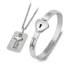 Valentine's Day Gift A Couple Jewellery Sets Stainless Steel Love Heart Lock Bracelets Bangles Key Pendant Necklace Couples3266