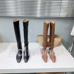designer Genuine Leather Winter Boots Luxury Classic minority Flat square pleated vintage back zipper over-the-knee boots