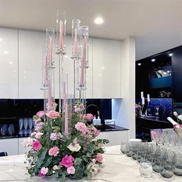 Party Decoration Whole 10 Arms Long Stemmed Modern Clear Acrylic Tube Hurricane Crystal Candle Holders Wedding Table Centerpie259D