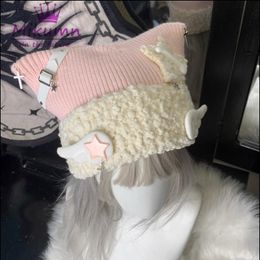 Beanie/Skull Caps Women Harajuku Gothic Lolita Angel Wings Beanie Hat Japanese Y2K Girl Cross Star Bone Cat Ear Cap Autumn Winter Warm Knitted Hat 230915