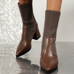 Designer Women's Fashion Splicing Design Chunky Heeled Sock Boots shoes size 35-42