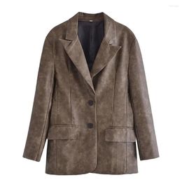Women's Leather Autumn Fashion Retro Handsome Casual All-match Lapel Long-sleeved Washed Effect Imitation Suit Jacket