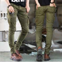 Army Biker Jeans Men Skinny Cargo Jeans with Side Pockets 2017 Mens Denim Pants Casual Slim Fit Zipper Motorcycle Homme304j