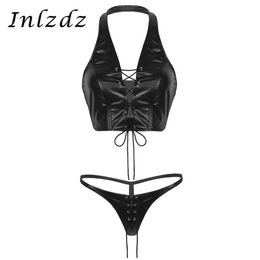 Bras Sets 2Pcs Women Latex Lingerie Suit Soft Faux Leather Lace Up Bikini Set Halter Crop Top With Mini G-string Thong Underwear224F