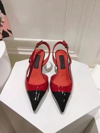 Women's Summer Luxury Sandals Spliced with Pointed Lacquer Leather Mule Slippers Sling Straps Pointed High Heels High Heels 35-42 Boxes