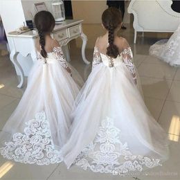 Chic White Ball Gown Flower Girl Dresses Sheer Neck Lace kid wedding dresses pakistani Cute Lace Long Sleeve Toddler girls pageant300V
