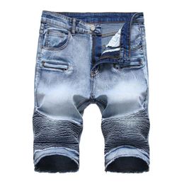 QMGOOD Large Size Men's Retro Striped Pleated Ripped Jeans Summer Shorts Biker Slim Straight Denim Shorts for Male Short Jean277W