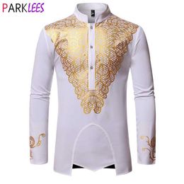 Luxury Metallic Gold Print African Man Clothing Agbada Kaftan Attire White Wedding Mens Dress Shirts Nehru Collar Dashiki Shirt Me215r