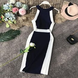 New design women's fashion retro o-neck halter neck sleeveless knitted Colour block pencil bodycon knee length dress241b