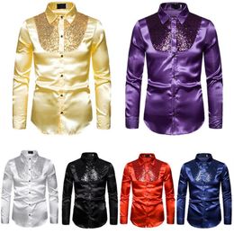 Men Silk Satin Shirts Fashion Sequin Ruffle Top Luxury Casual Business Club Slim Formal Night Party Shirts2148