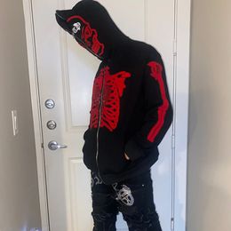 Skeleton Full Zipper Red European and American Gothic Y2K Jacket Zipper Hoodie Korean Street Style Grunge Hip Hop Long Sleeve Top Coat