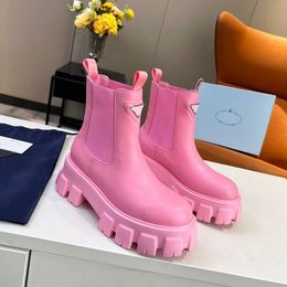 2023 New Monolith polish Leather Ankle Chelsea Boots platform Wedges slip-on round Toe block heels Flat booties luxury designer for women factory footwear size35-41