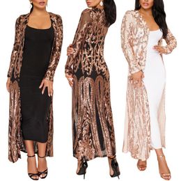 Women's Knits Tee's Long Coat Sexy Sequin Perspective Sleeve Maxi Gown Cardigan Vintage Evening Party Open Blouse 230914