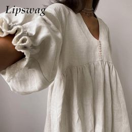 Basic Casual Dresses Summer Cotton Linen French Style Dress Fashion Patchwork Lace Loose Women Sexy V Neck Lantern Sleeve 230915