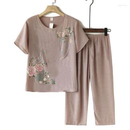 Women's Two Piece Pants Pajamas Print Summer Thin Seits Middle-Aged Cotton Linen Ladies Short-Sleeve Grandma Mother's Home Clothes Pocke