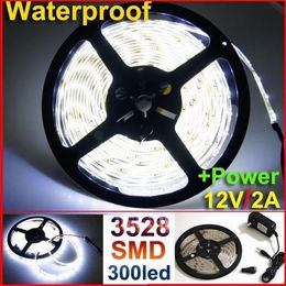12v IP65 Waterproof 5M 300LED 3528 SMD Flexible LED Strip Light Lamp White 60led m power supply220u