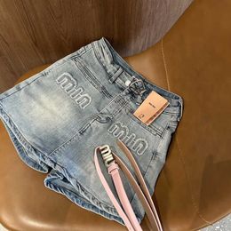 Women's Jeans New letter niche design straight denim Tencel soft light blue belt shorts for women